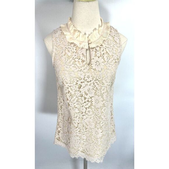 J. Crew Small Tall Cream Ivory Beige Lace Ruffle Neck Sleeveless Keyhole Top New - Picture 3 of 16